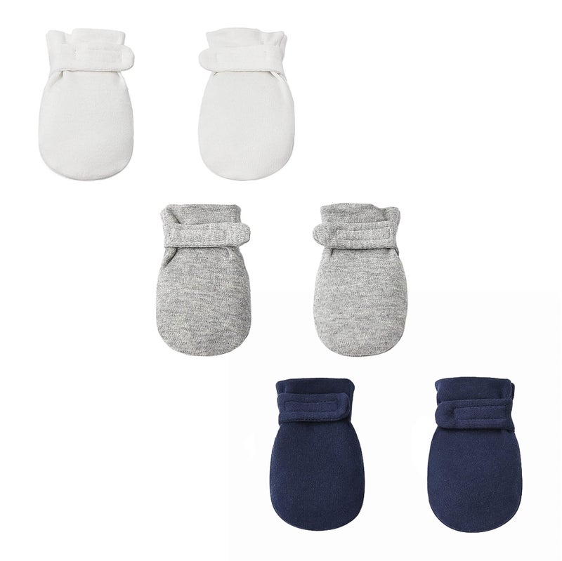 Reyow Newborn Baby No Scratch Mittens Stay On, 100% Cotton Breathable, Adjustable Infant Gloves for Baby Boys Girls Mittens (0-3 Months, White/Navy/Gray) - Image 1